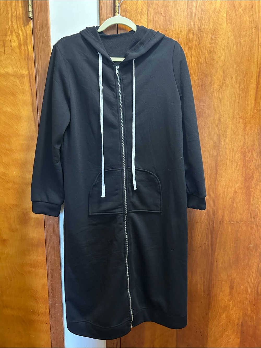 Long Black Hooded Zip-Front Utility Jacket with Front Pockets